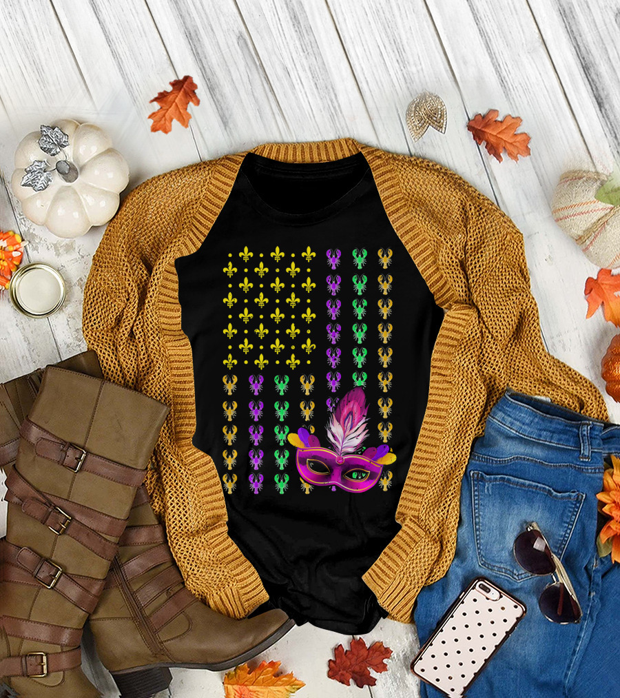 Crawfish Fleur-de-Lis Mardi Gras Mask American Flag T-Shirt