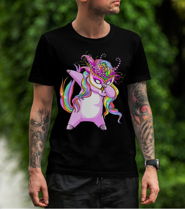 Dabbing Mardi Gras Masked Unicorn With Colorful Mane T-Shirt
