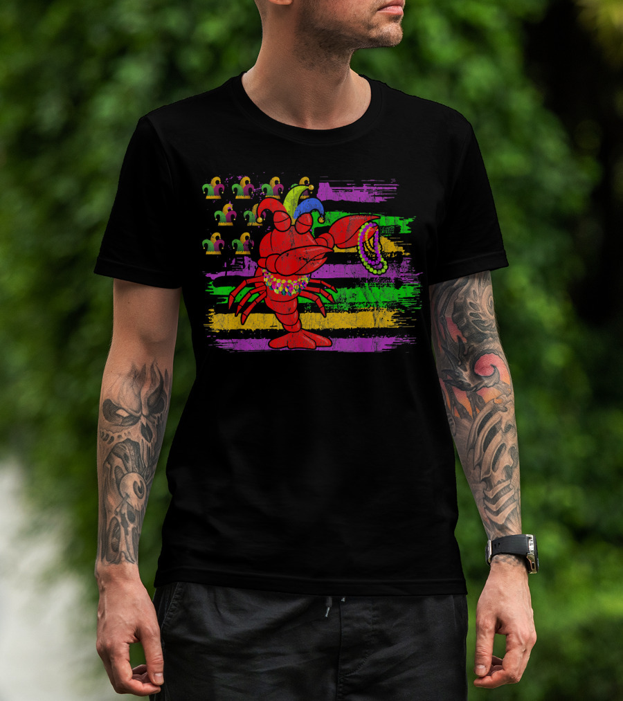 Lobster With Beads And Jester Hats On Mardi Gras Flag Background T-Shirt