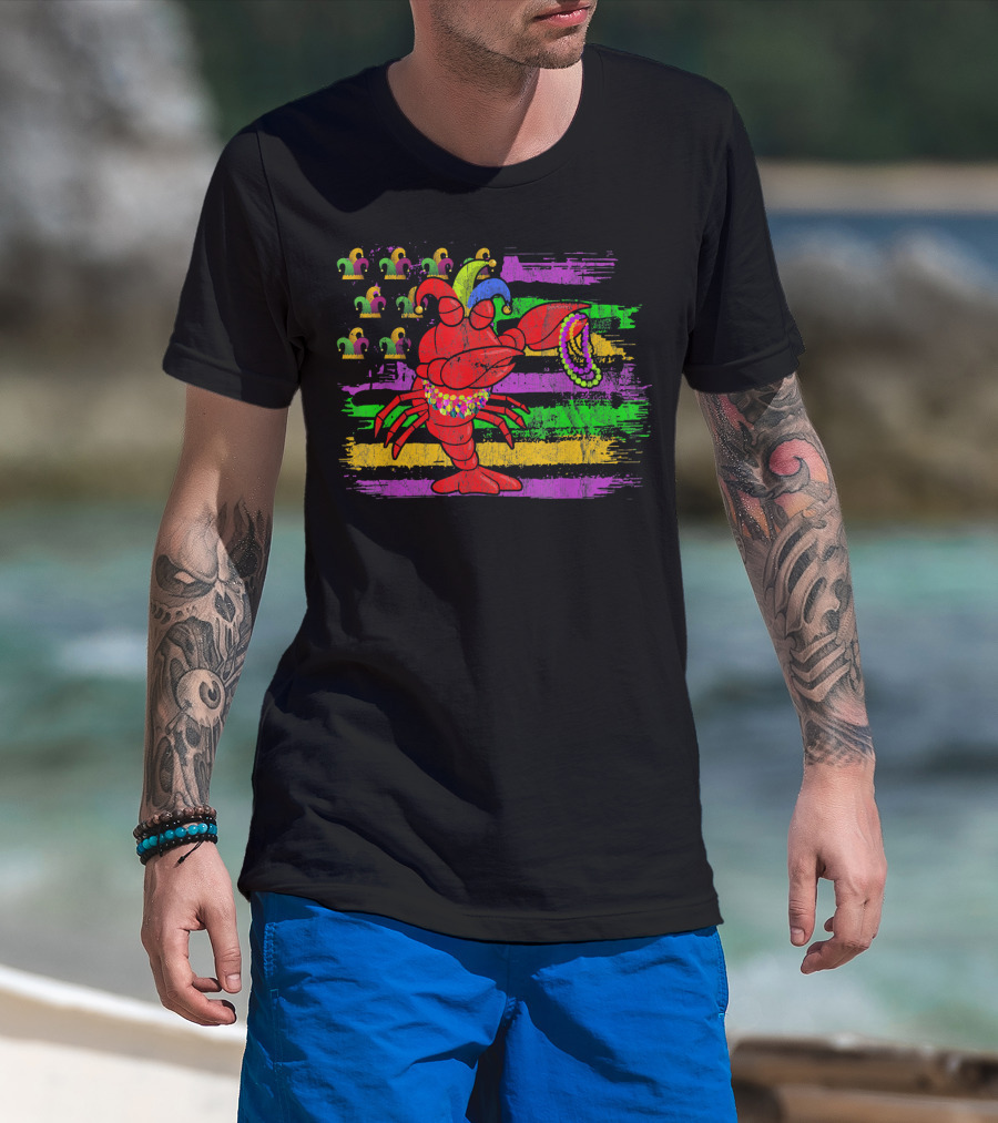Lobster With Beads And Jester Hats On Mardi Gras Flag Background T-Shirt