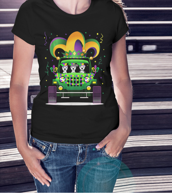 Dalmatian Mardi Gras Jeep Adventure With Jester Hat And Beads T-Shirt