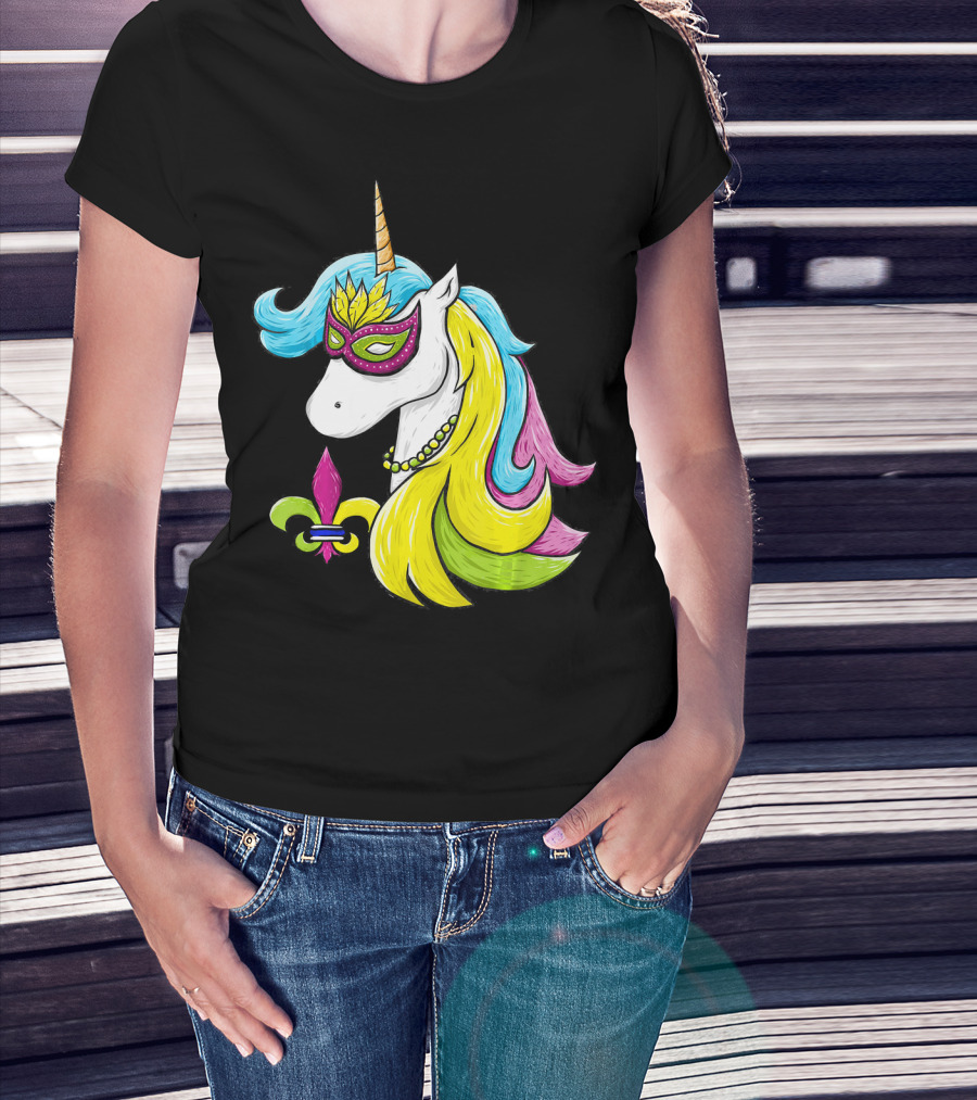 Mardi Gras Unicorn Mask With Fleur-de-Lis And Colorful Hair Fat Tuesday T-Shirt