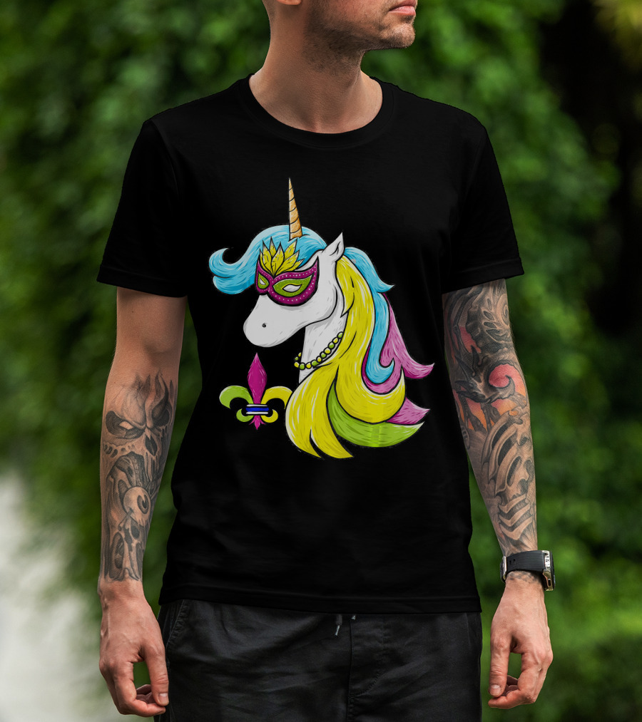Mardi Gras Unicorn Mask With Fleur-de-Lis And Colorful Hair Fat Tuesday T-Shirt