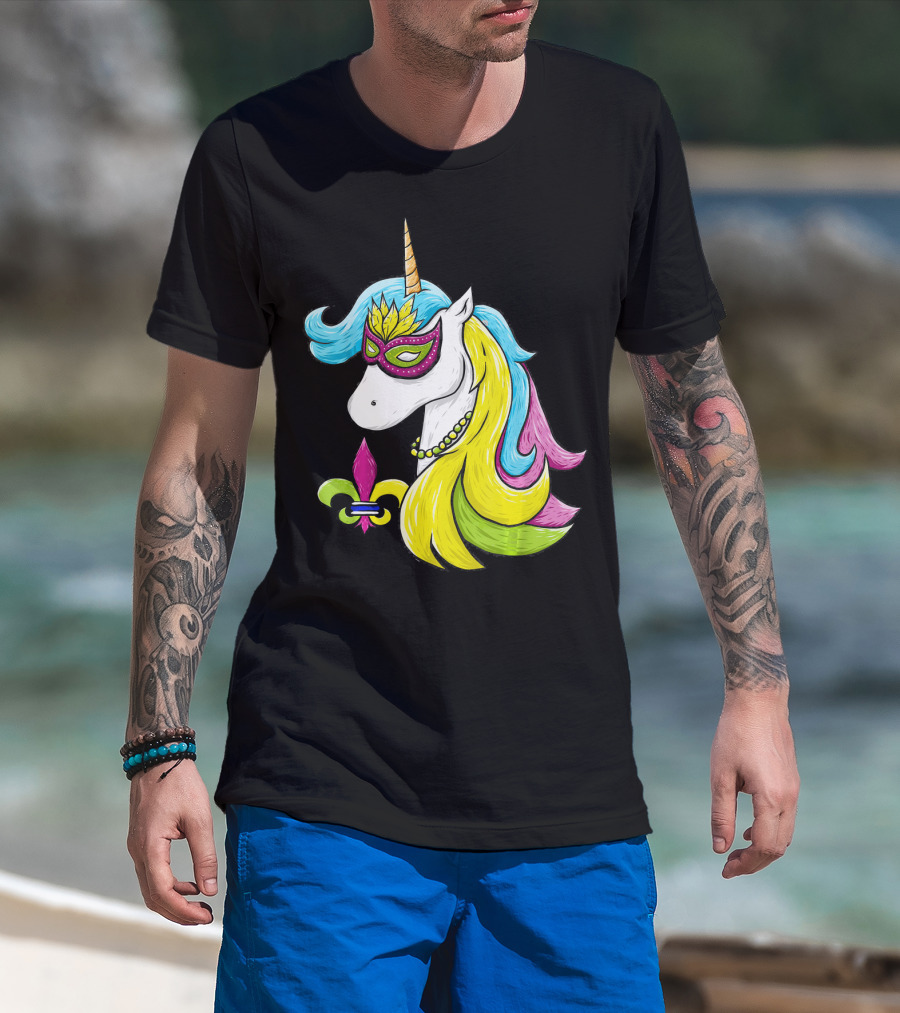 Mardi Gras Unicorn Mask With Fleur-de-Lis And Colorful Hair Fat Tuesday T-Shirt