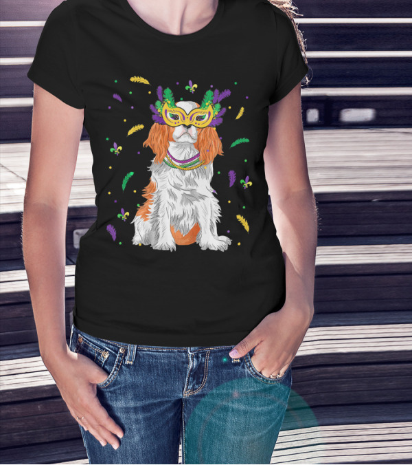 Cavalier King Charles Spaniel Mardi Gras Mask Beads Feathers Fleur-de-lis T-Shirt