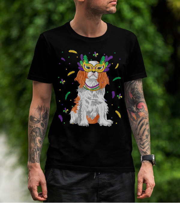 Cavalier King Charles Spaniel Mardi Gras Mask Beads Feathers Fleur-de-lis T-Shirt