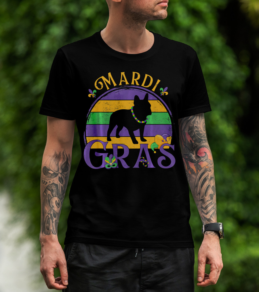 Mardi Gras French Bulldog Beads Festive Celebration Fleur-de-Lis T-Shirt
