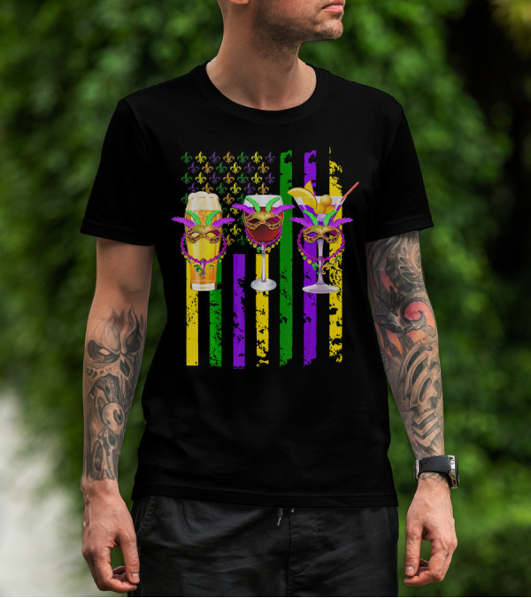 Beer Wine Cocktails With Masks And Beads Fleur-de-Lis Mardi Gras Colors T-Shirt