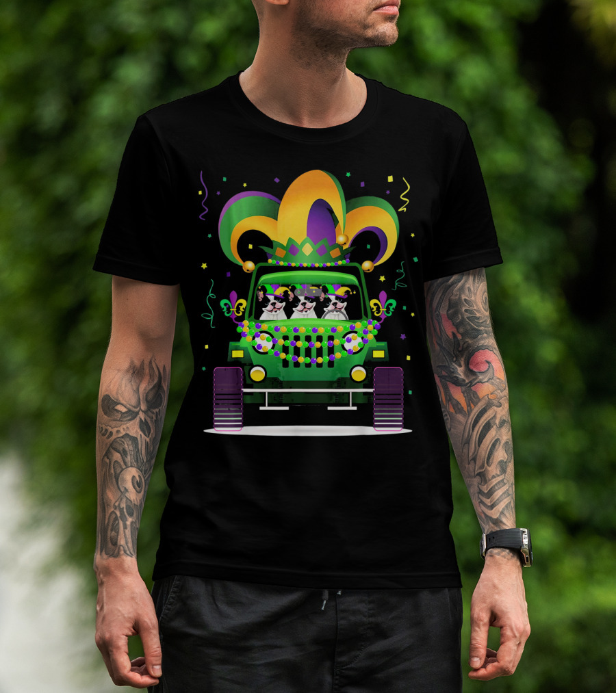 French Bulldog Jeep Mardi Gras Celebration With Colorful Beads And Jester Hat T-Shirt