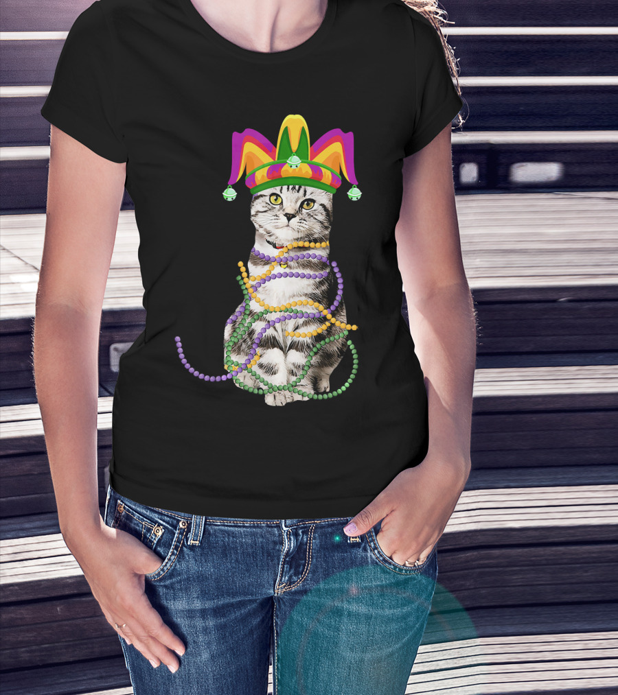 Mardi Gras Cat With Jester Hat And Beads Costume Kitte T-Shirt