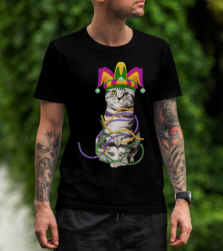 Mardi Gras Cat With Jester Hat And Beads Costume Kitte T-Shirt