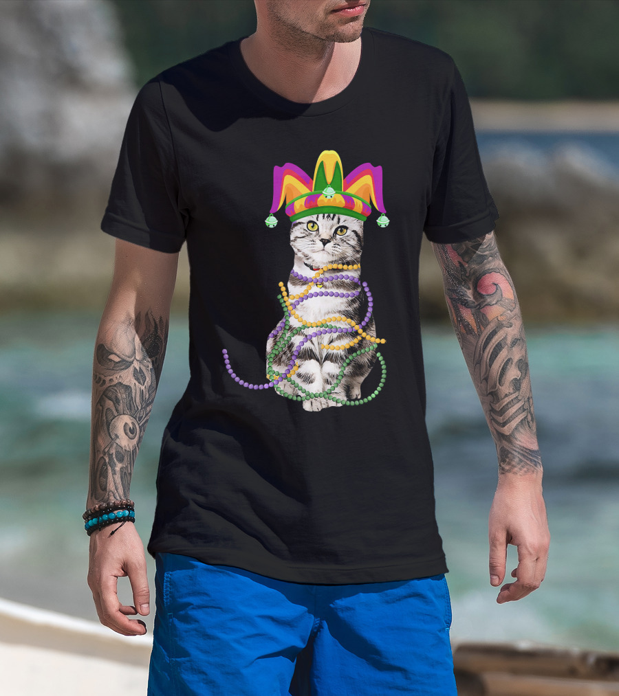 Mardi Gras Cat With Jester Hat And Beads Costume Kitte T-Shirt