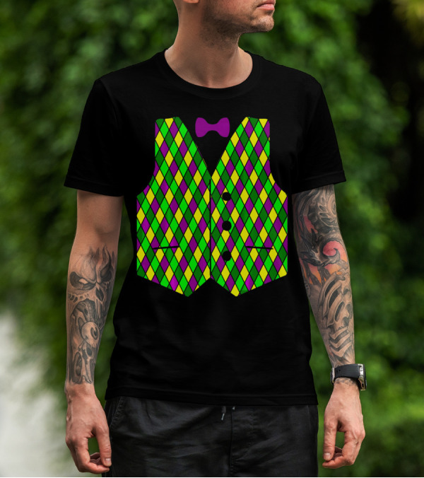 Mardi Gras Vest Harlequin Pattern Diamond Print Bowtie T-Shirt