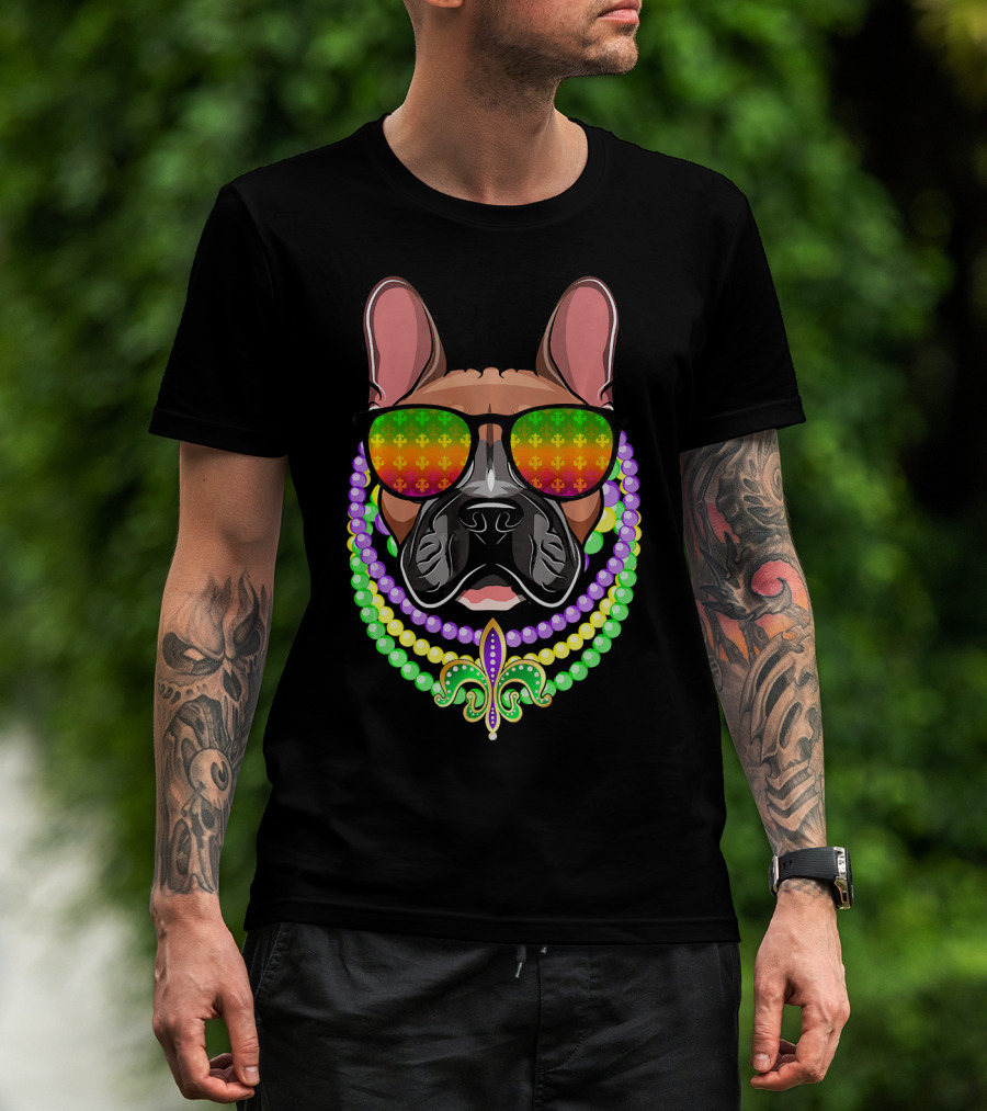 French Bulldog With Beads And Fleur-de-Lis Sunglasses For Mardi Gras T-Shirt