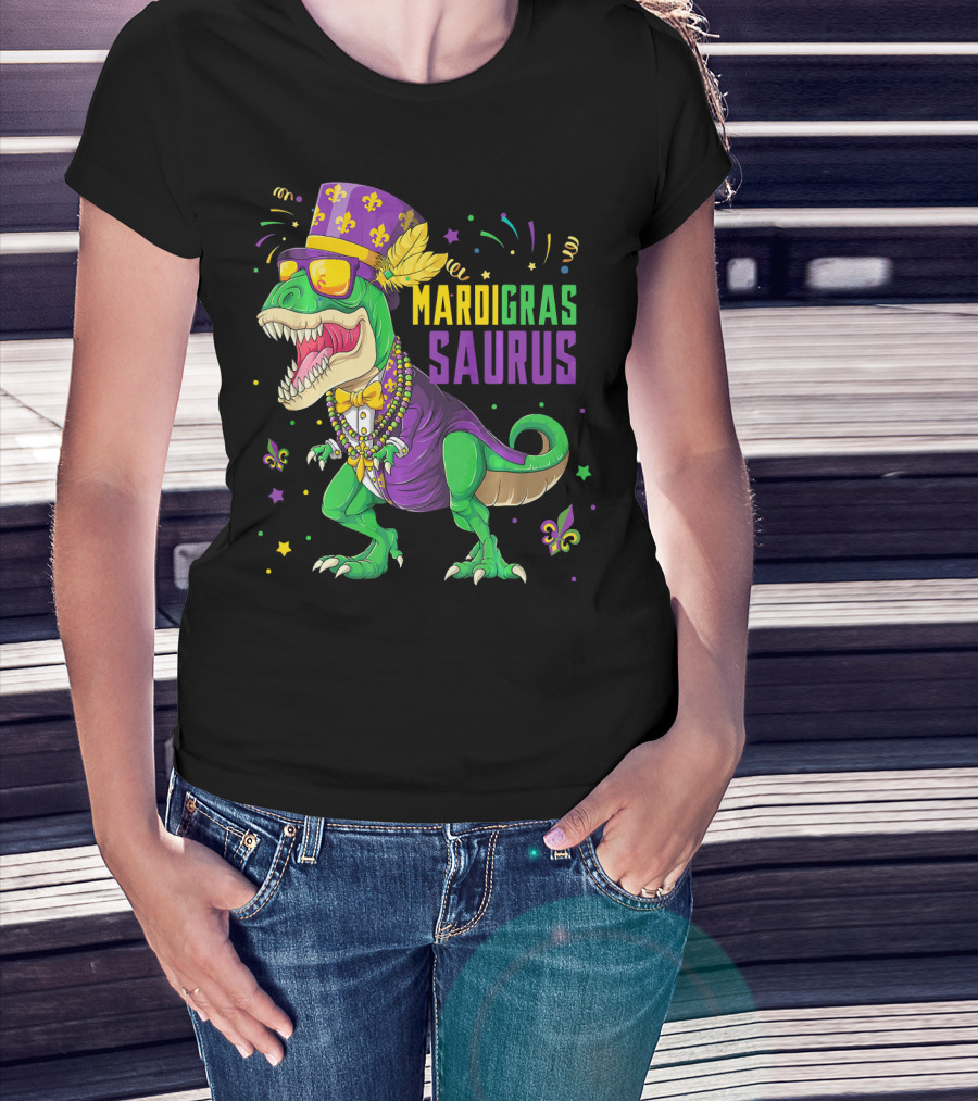 Mardi Gras Saurus T Rex Dinosaur Jester Kids T-Shirt