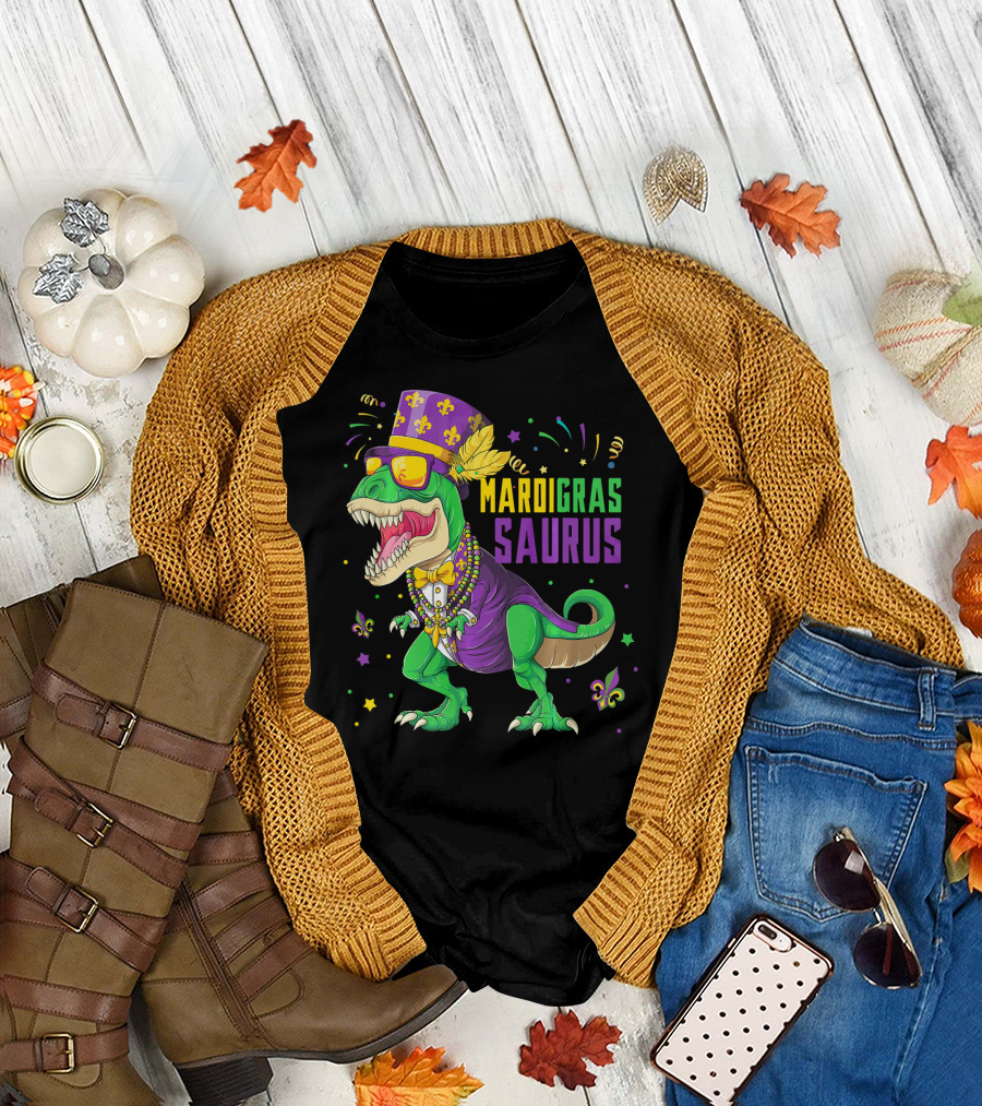 Mardi Gras Saurus T Rex Dinosaur Jester Kids T-Shirt