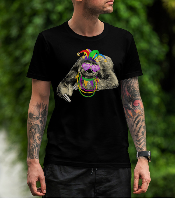 Funny Mardi Gras Jester Sloth With Beads And Mask T-Shirt