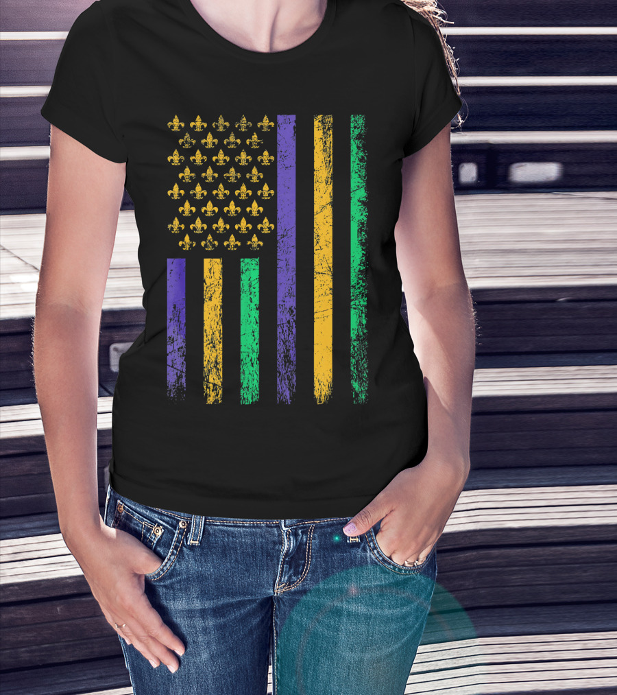 Vintage USA Flag Mardi Gras Fleur De Lis Stripes T-Shirt
