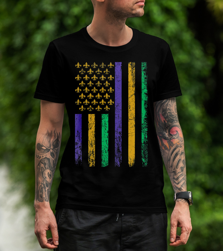 Vintage USA Flag Mardi Gras Fleur De Lis Stripes T-Shirt