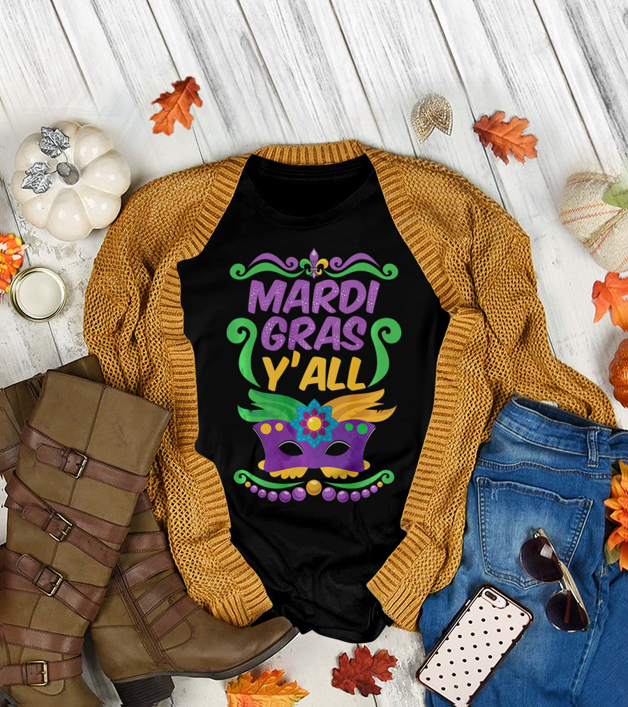 Mardi Gras Y'all Mask Fleur-de-lis Colors T-Shirt