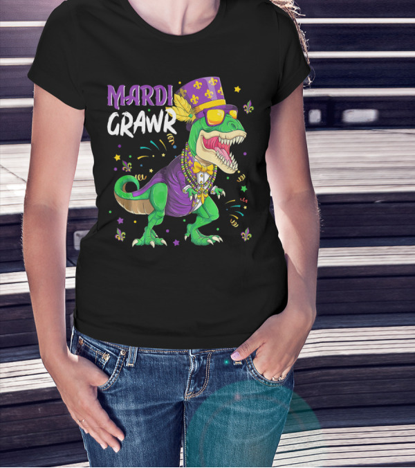 Mardi Grawr Rex Funny Dinosaur With Festive Hat And Beads T-Shirt