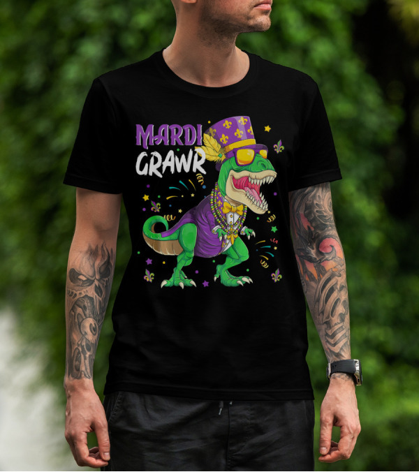 Mardi Grawr Rex Funny Dinosaur With Festive Hat And Beads T-Shirt