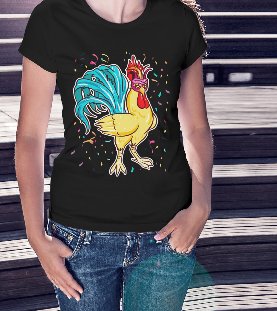 Chicken Mardi Gras Carnival Rooster With Colorful Feathers And Confetti T-Shirt