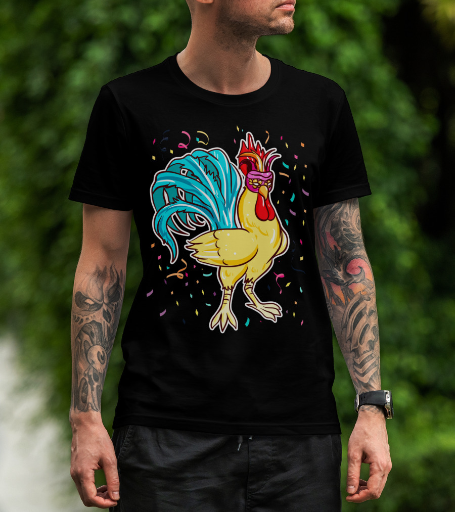 Chicken Mardi Gras Carnival Rooster With Colorful Feathers And Confetti T-Shirt