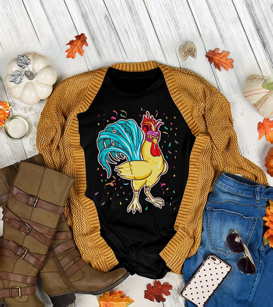 Chicken Mardi Gras Carnival Rooster with Colorful Feathers and Confetti T-Shirt