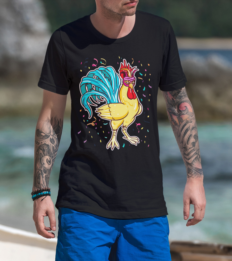 Chicken Mardi Gras Carnival Rooster With Colorful Feathers And Confetti T-Shirt