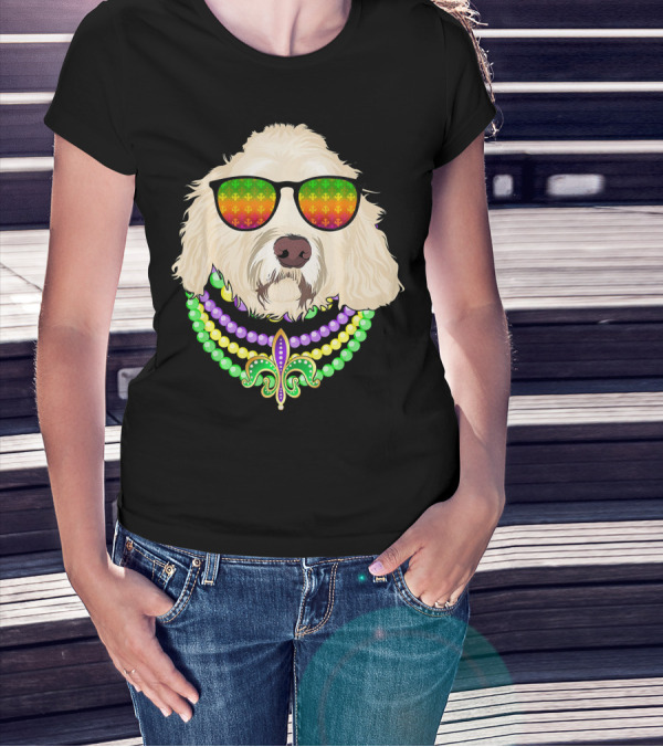 Goldendoodle In Beads And Shades Mardi Gras Fleur-de-Lis T-Shirt