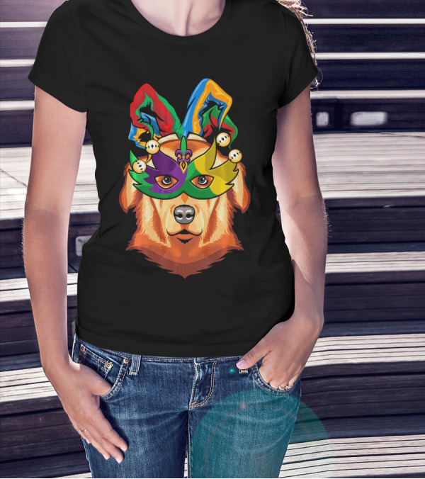 Golden Retriever Jester Mask Mardi Gras Beads Fleur-de-Lis T-Shirt