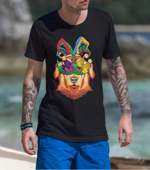 Golden Retriever Jester Mask Mardi Gras Beads Fleur-de-Lis T-Shirt