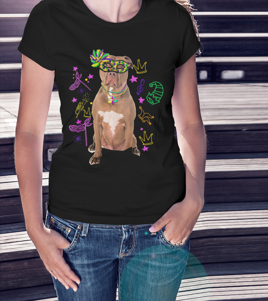 Pit Bull Mardi Gras Dog Mom Party Festive Mask Beads Crowns Music Notes T-Shirt