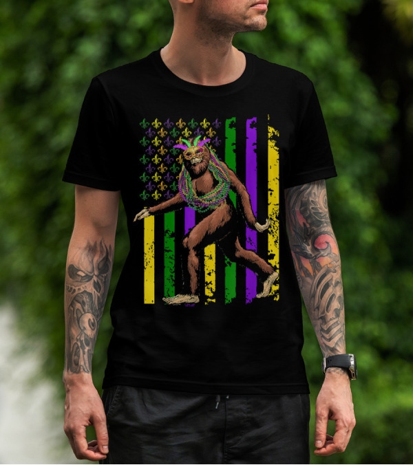 Bigfoot Mardi Gras Beads Fleur-de-Lis American Flag Stripes T-Shirt