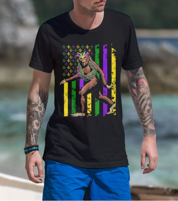 Bigfoot Mardi Gras Beads Fleur-de-Lis American Flag Stripes T-Shirt