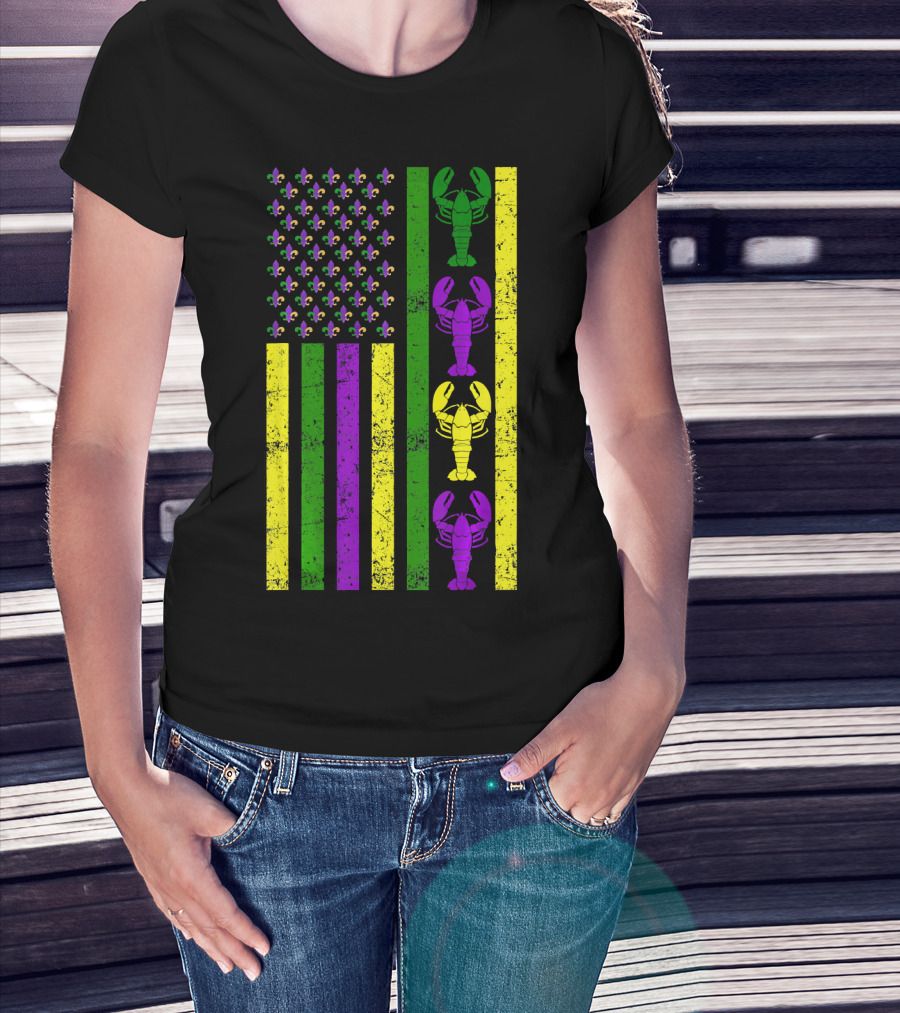 US Mardi Gras New Orleans Crawfish Fleur-de-Lis Flag T-Shirt