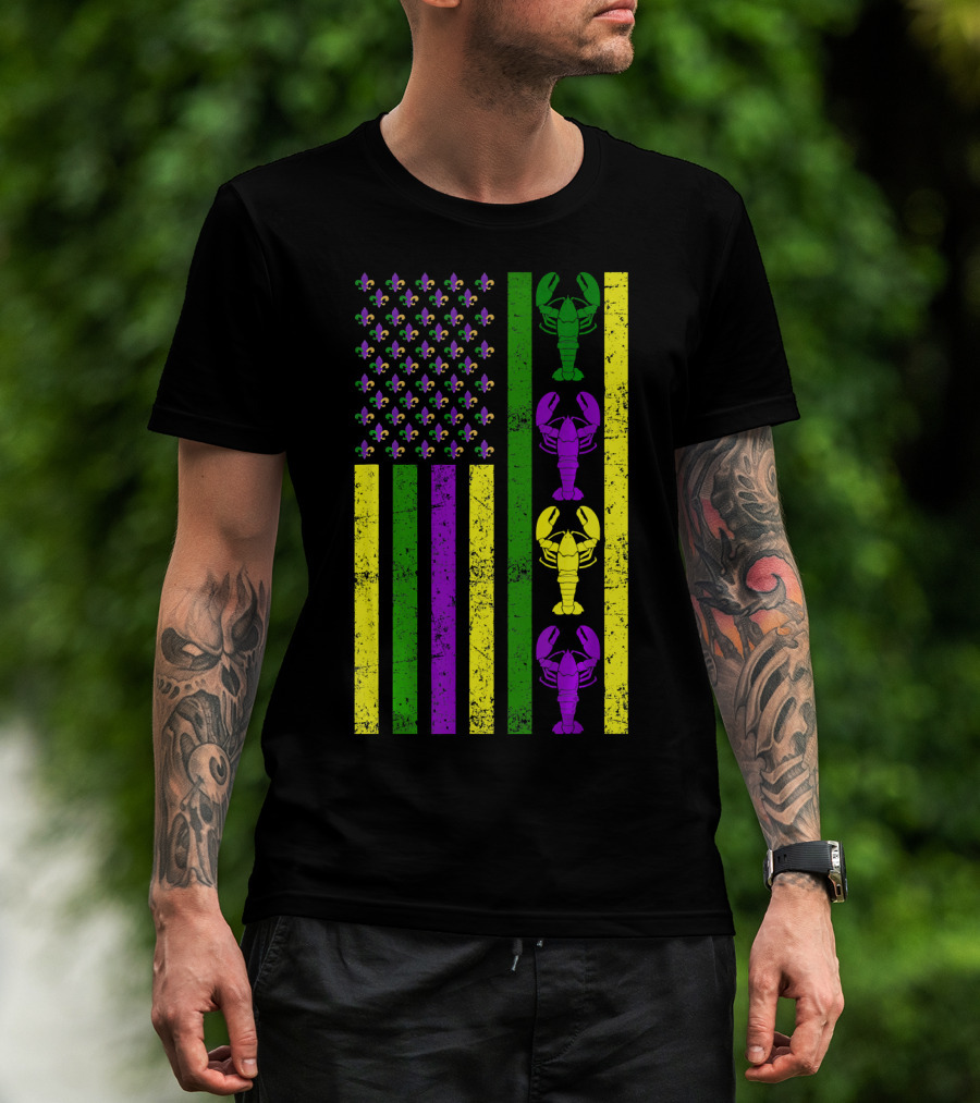 US Mardi Gras New Orleans Crawfish Fleur-de-Lis Flag T-Shirt
