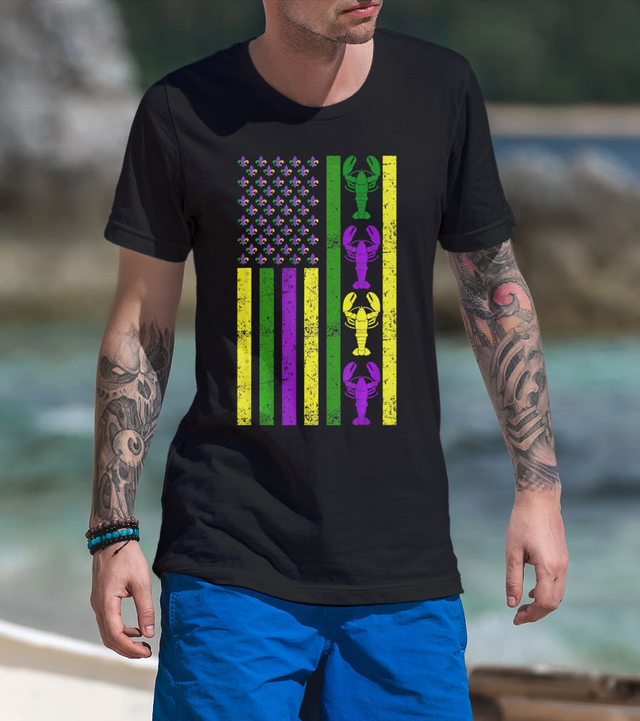 US Mardi Gras New Orleans Crawfish Fleur-de-Lis Flag T-Shirt