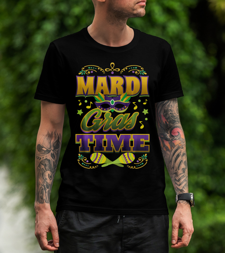 Mardi Gras Time Mask Music Notes Maracas T-Shirt