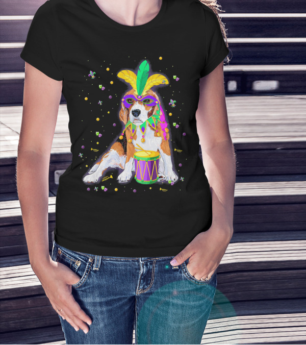 Mardi Gras Beagle In Mask With Feathers And Drum T-Shirt