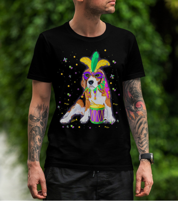 Mardi Gras Beagle In Mask With Feathers And Drum T-Shirt