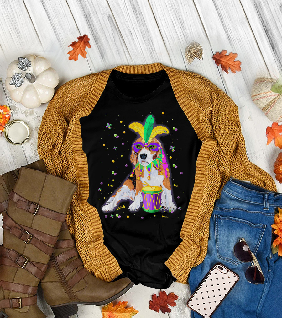 Mardi Gras Beagle in Mask with Feathers and Drum T-Shirt