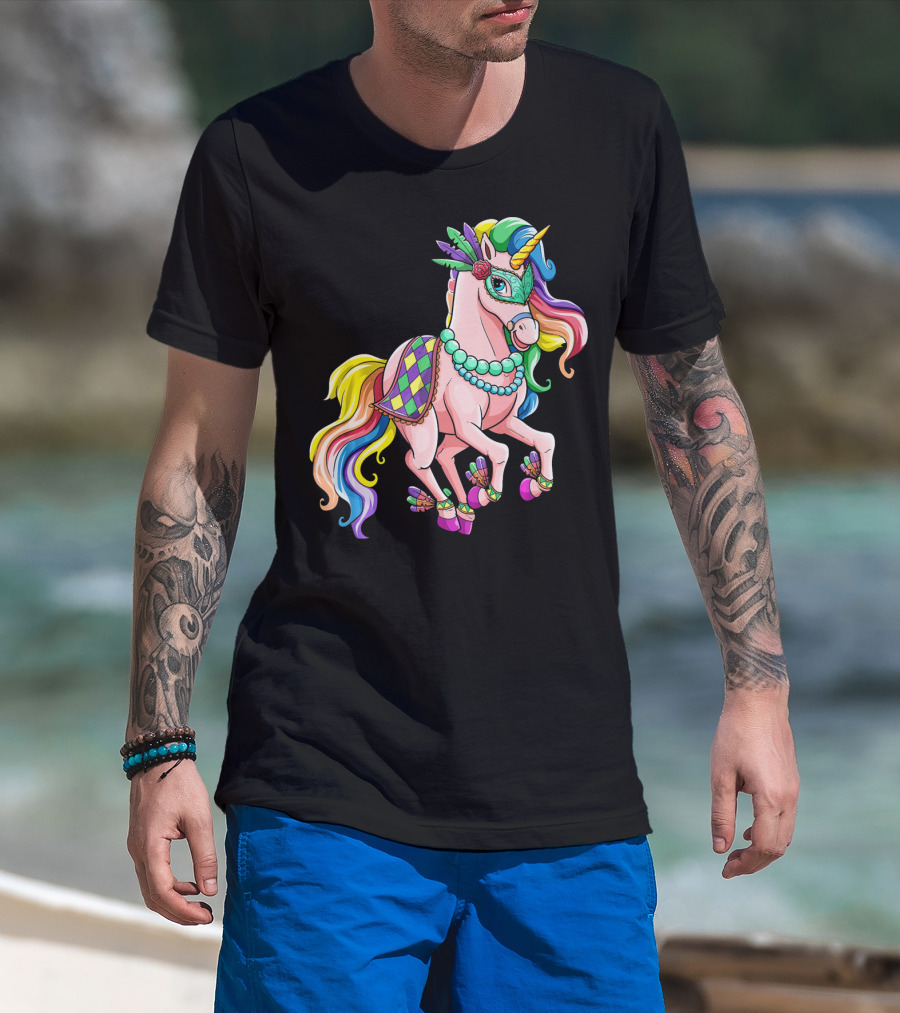 Kids Mardi Gras Unicorn With Colorful Mask And Beads T-Shirt