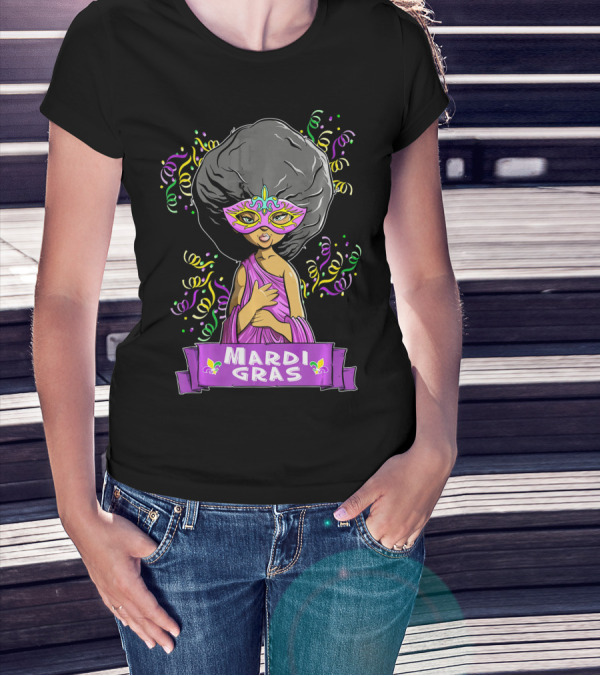 Mardi Gras Woman In Mask With Afro And Purple Dress T-Shirt