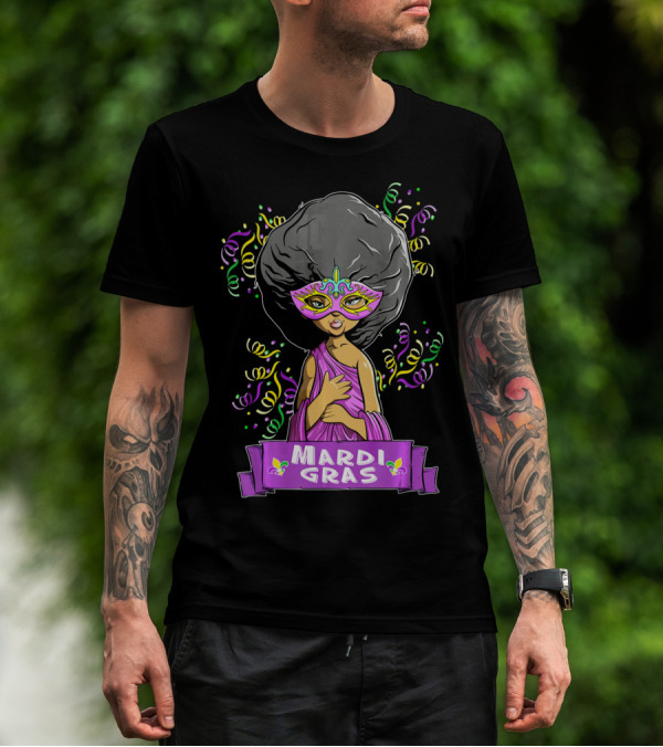 Mardi Gras Woman In Mask With Afro And Purple Dress T-Shirt