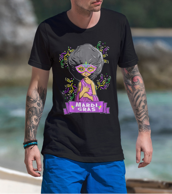 Mardi Gras Woman In Mask With Afro And Purple Dress T-Shirt