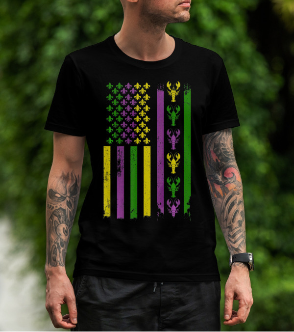 American Flag Mardi Gras Fleur-de-Lis Crawfish Stripes T-Shirt
