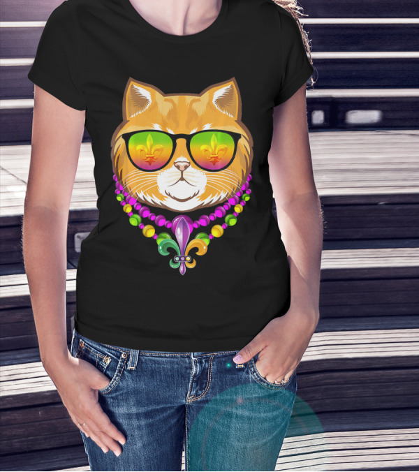 Mardi Gras Cat With Beads And Fleur-de-Lis Sunglasses T-Shirt