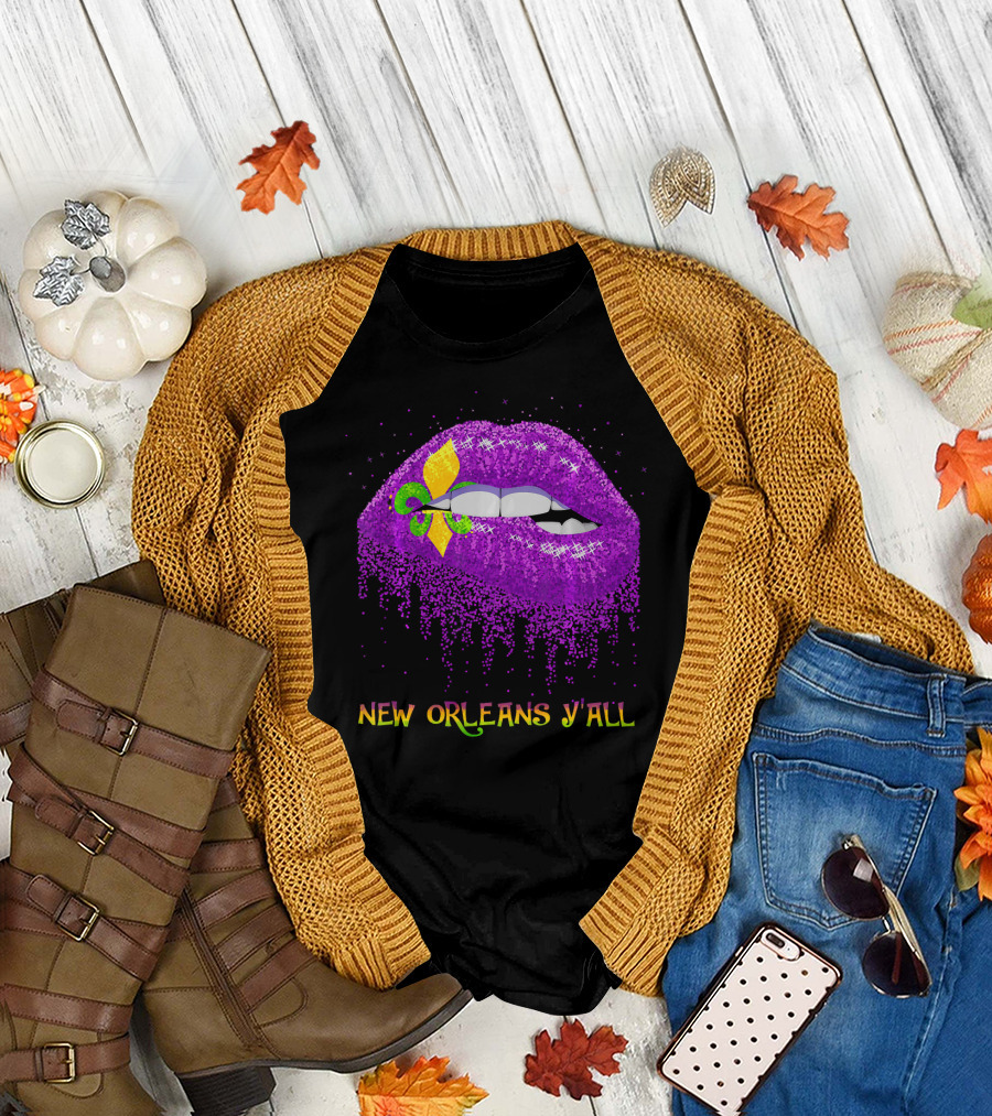 Fleur De Lys Purple Lips Biting New Orleans Y'all T-Shirt